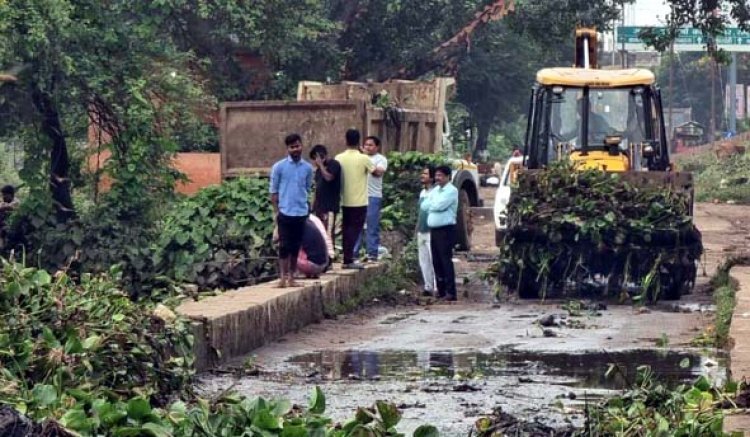 पुलगांव नाला से निगम ने जेसीबी से हटवाई जलकुंभी,आयुक्त लोकेश चन्द्राकर ने किया सफाई कार्य का निरीक्षण